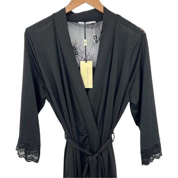 Jane Lamerton black satin lace trim belted midi robe size small NEW - Picture 2 of 12